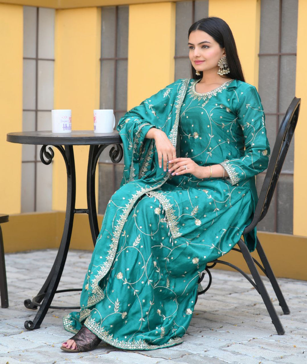 Keisha Teal Chinon Embroidered Kurti Sharara Set