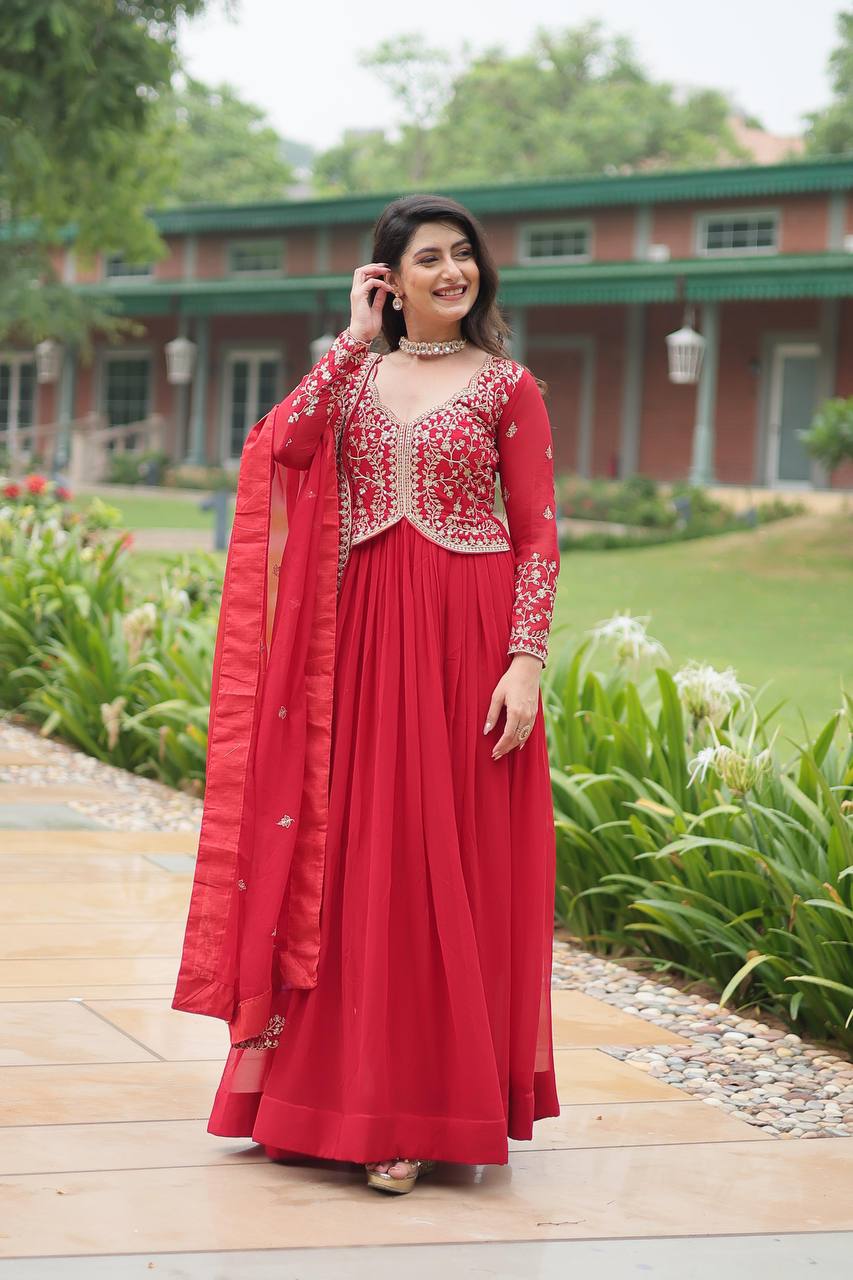 Parthavi Red Georgette Embroidered Anarkali Gown Set