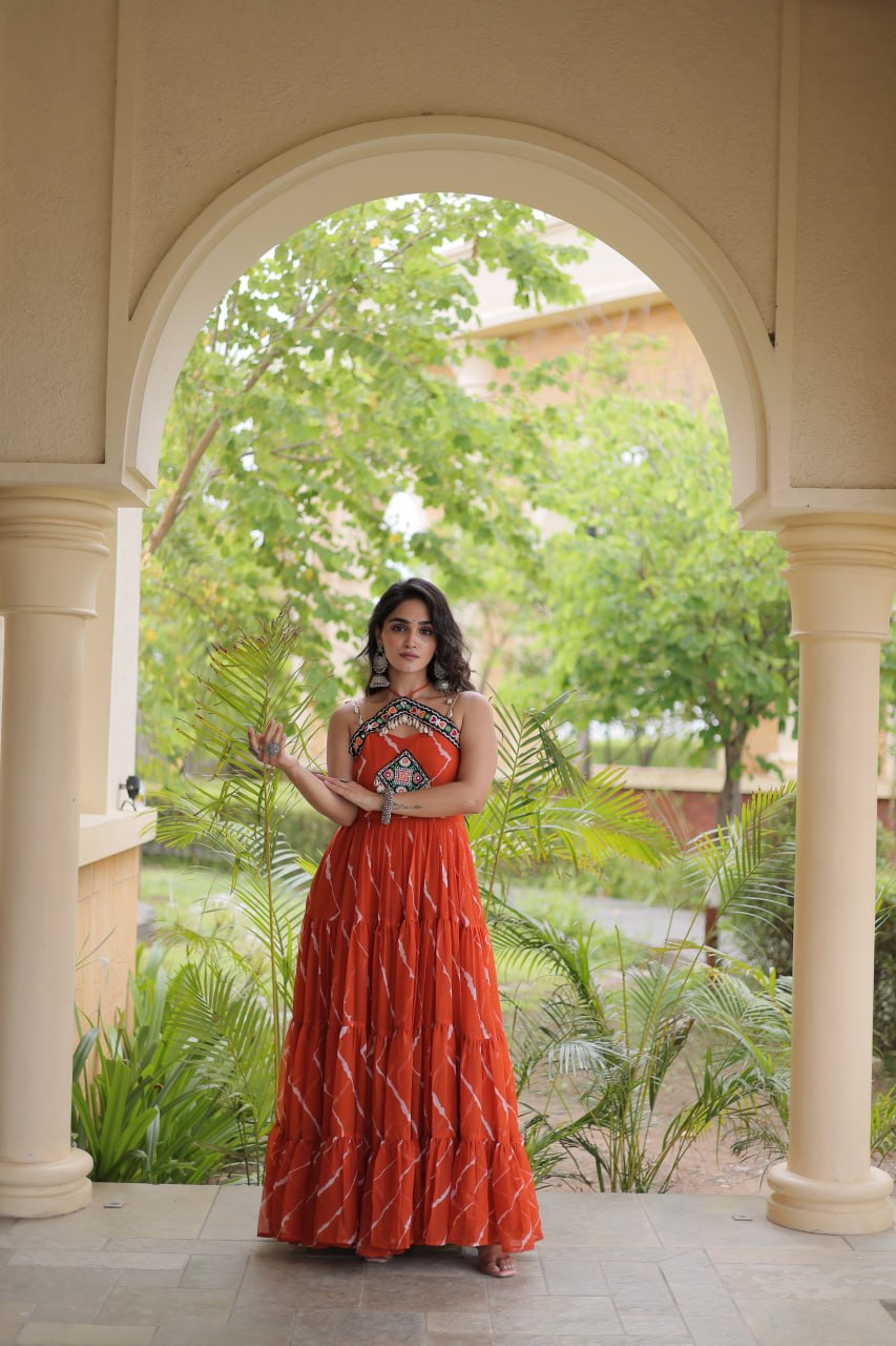 Bhavna Orange Faux Georgette Laheriya Kutchi Patchework Gown