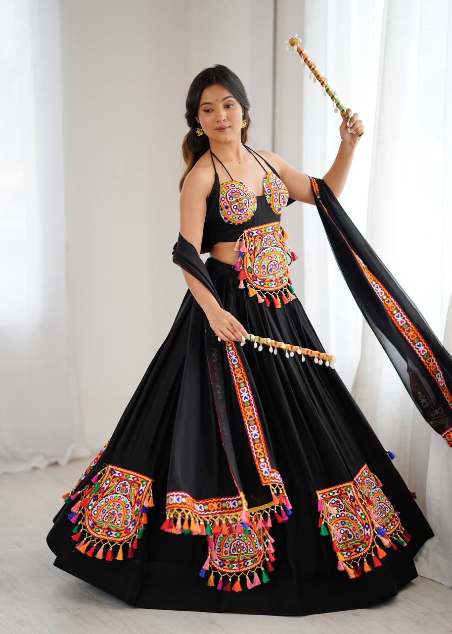 Black Rayon Gamthi Thread Mirror Work Navratri Lehenga Choli with Dupatta