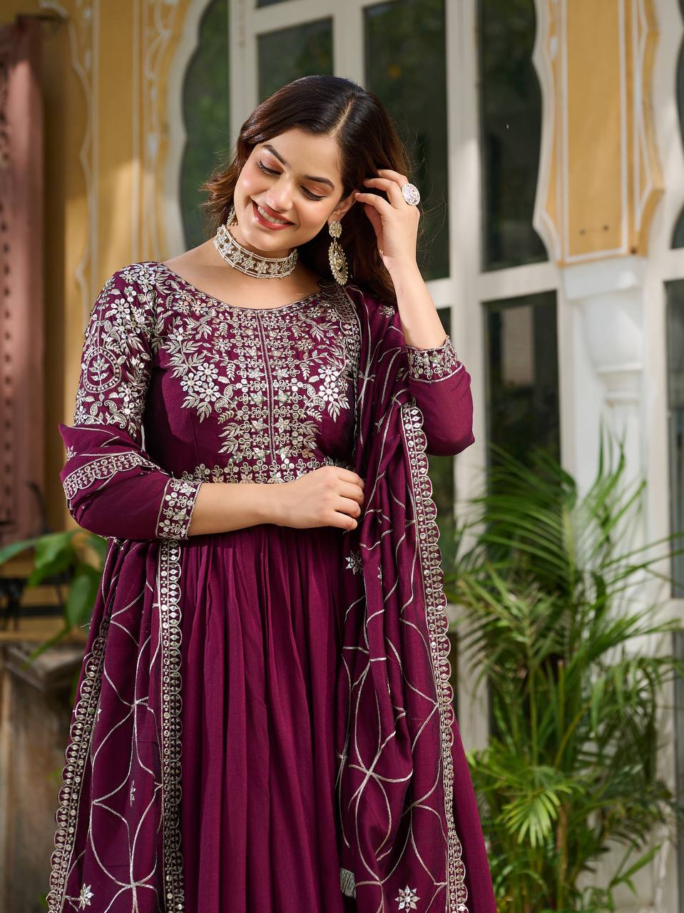 Piya Wine Color Vichitra Silk Sequins Embroidered Gown with Dupatta