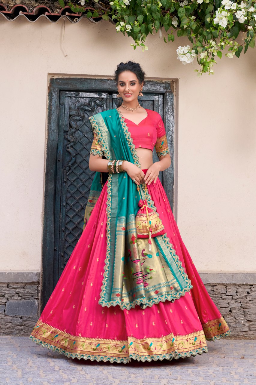 Shop Bright Pink Jacquard Silk Paithani Lehenga Choli with Dupatta & Batwa. Zari weaving, sequins work & 3.80m flair. Perfect for bridal & festive wear.