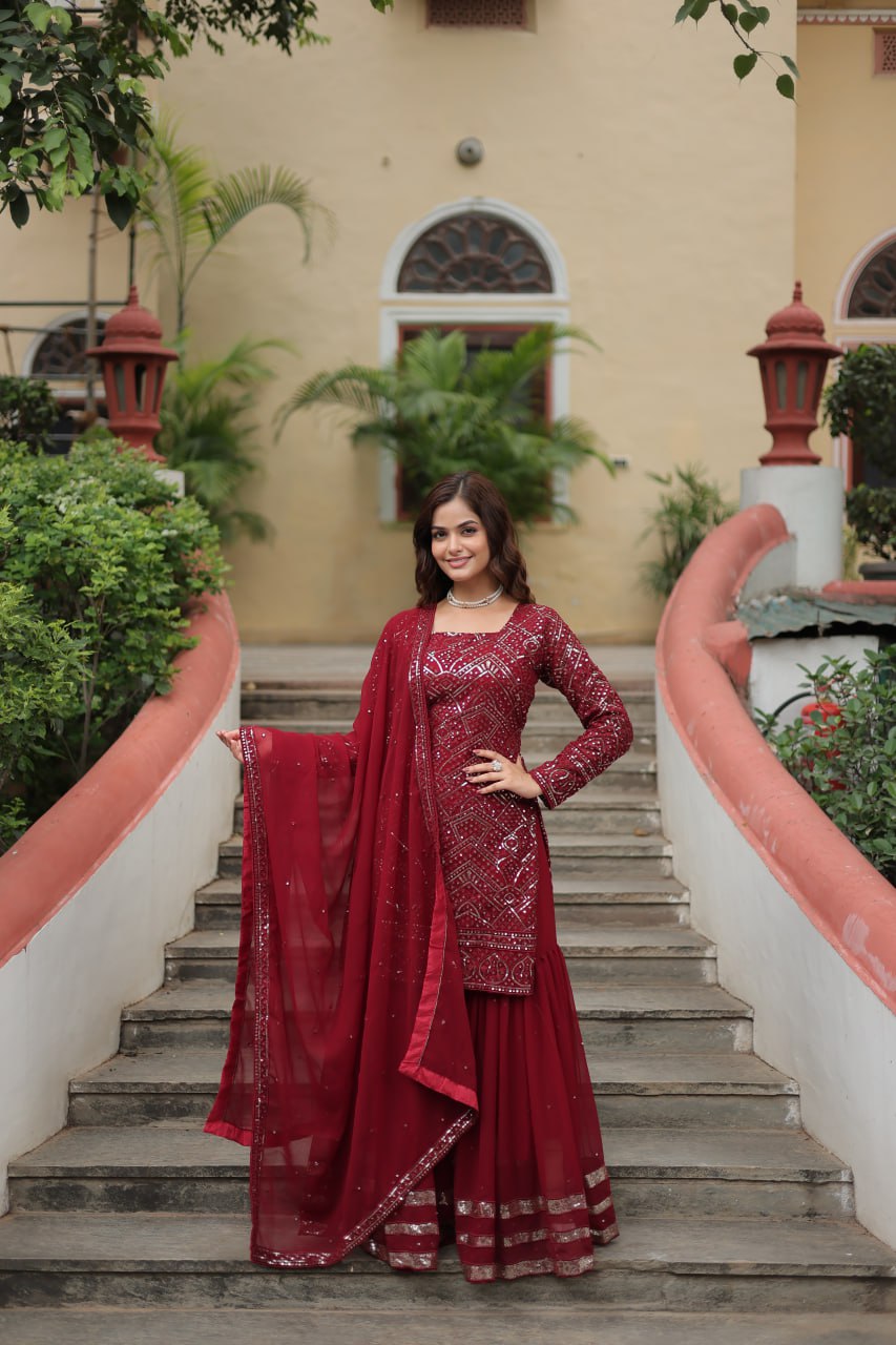 Lavya Maroon Georgette Embroidered Kurti Sharara Set