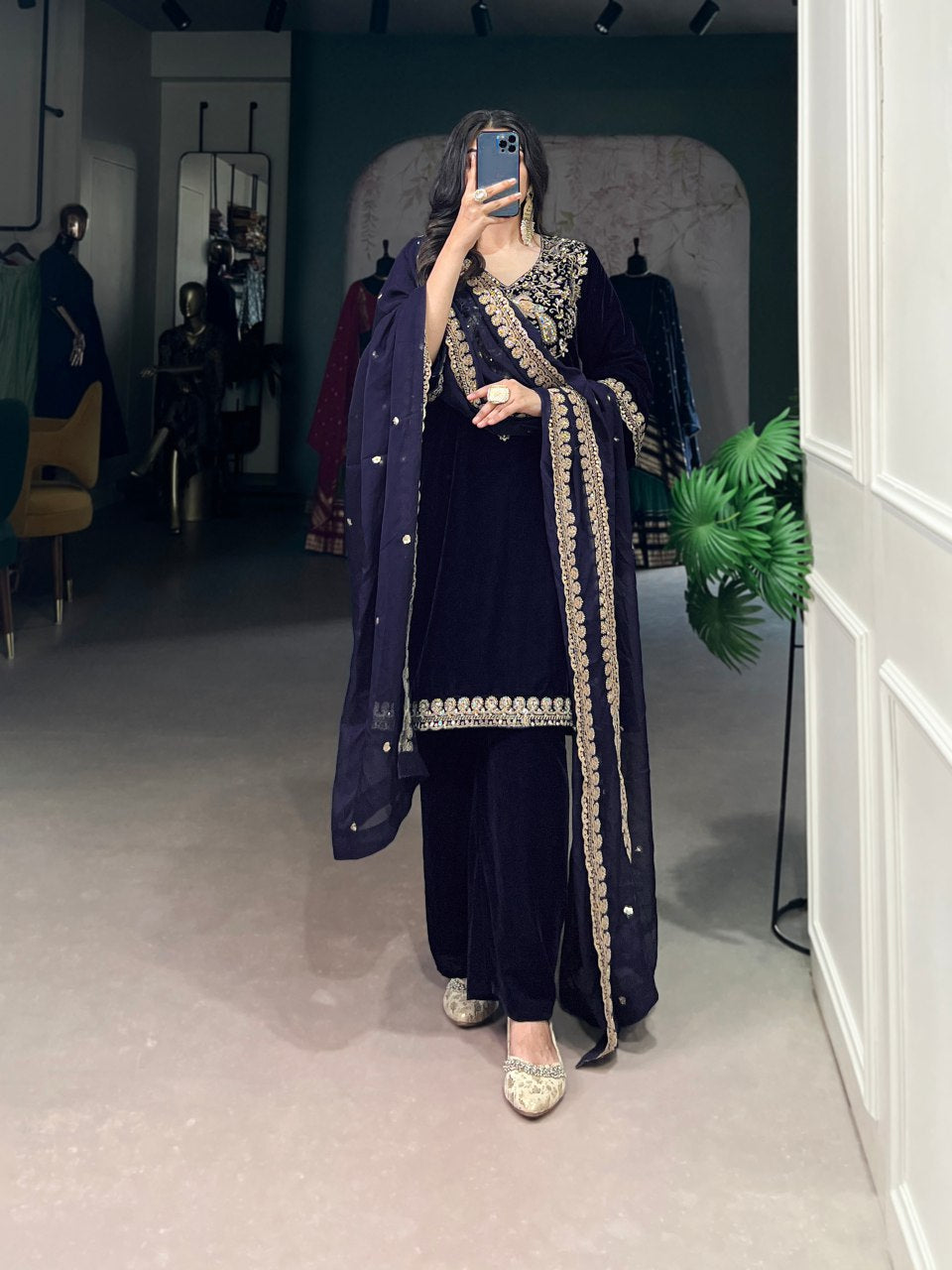 Velvet kurta set for women, navy blue embroidered suit, party wear kurti with dupatta, winter ethnic wear for weddings, Trinaari premium collection.