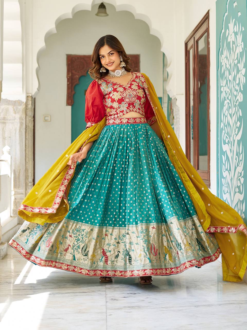 Multicolour silk lehenga choli set with heavy embroidery, sequin, and cording work; includes stitched shimmer lehenga, fully stitched mono silk choli, and embroidered georgette dupatta – perfect for weddings and festive occasions