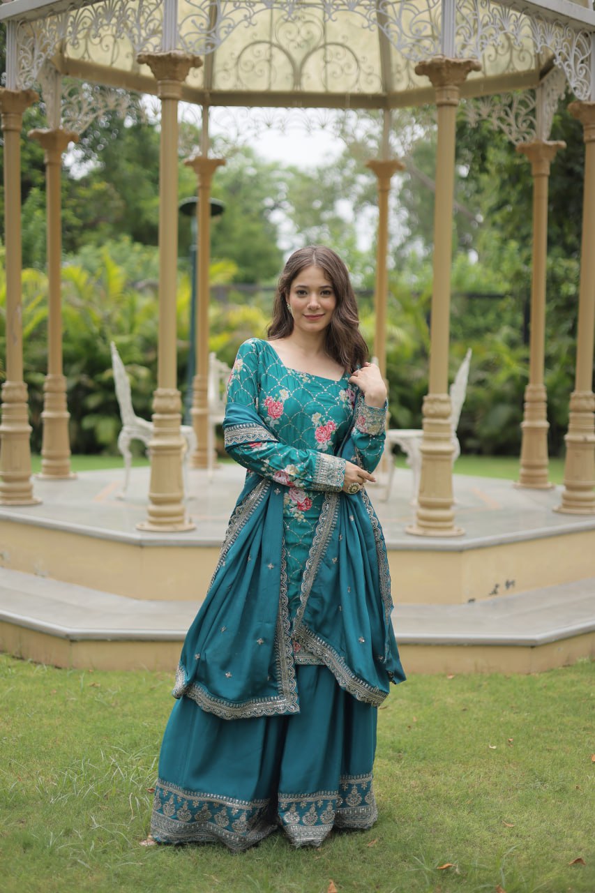 Medhasvi Teal Chinon Embroidered Kurti Sharara Set