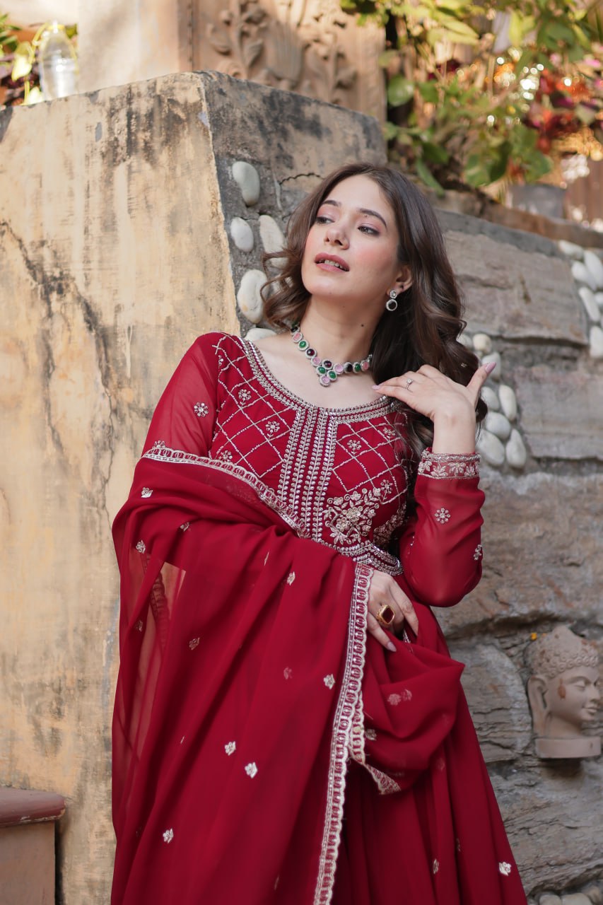 Chamvika Maroon Embroidered Gown Set with Dupatta – long gown for women, party wear gown for wedding, Indian gown for women, maroon gown for engagement, full sleeve ethnic gown, designer gown with dupatta, sequin gown for festival, traditional wear for women, Indo western gown online, stylish Indian dress for sangeet function, ready-to-wear ethnic gown for women.
