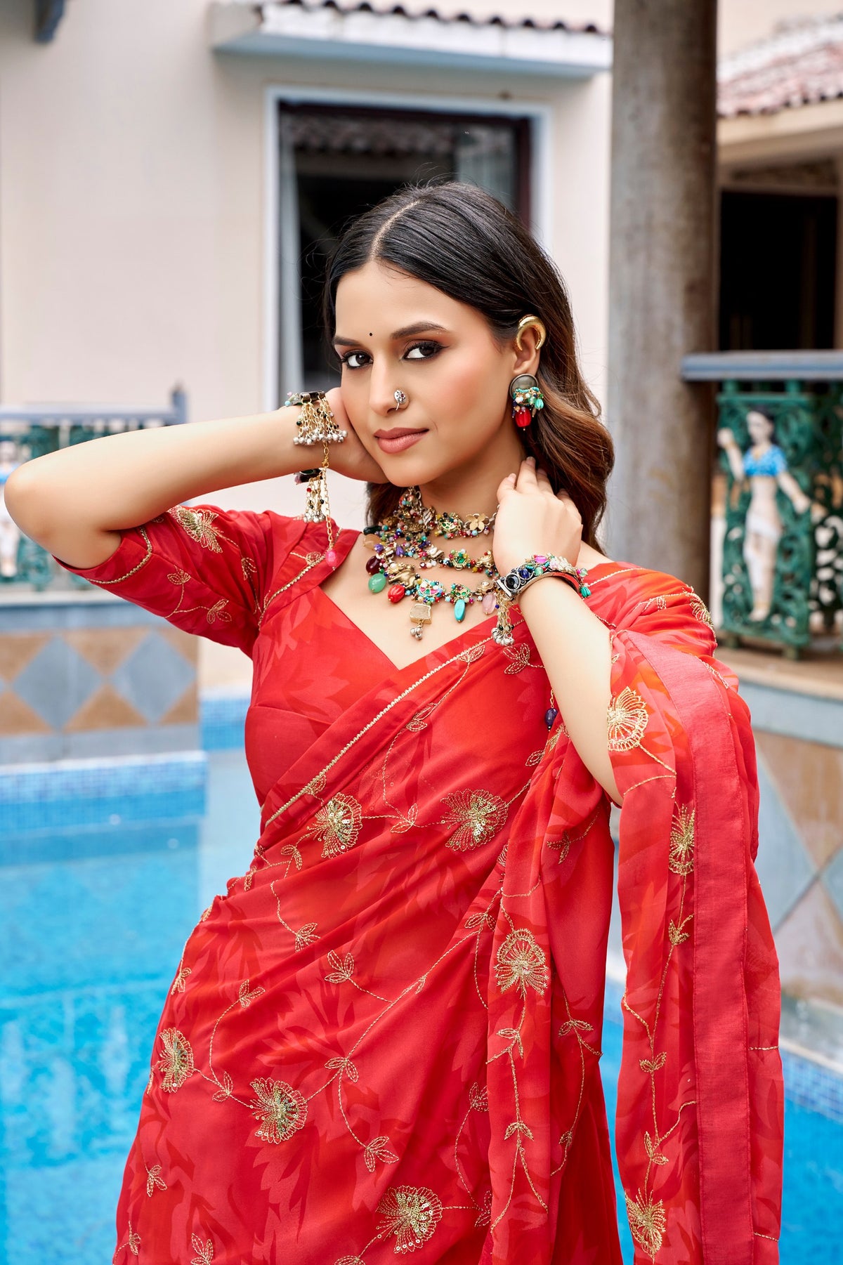 Trisha Red Georgette Sequins Embroidered Lehenga