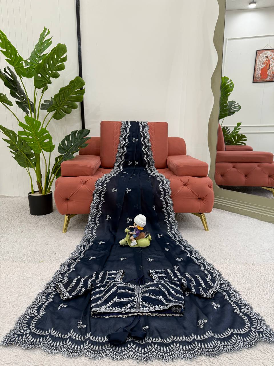 Vikatya blue Jimmy Choo fabric saree with thread & sequin embroidery, matching blouse—perfect for weddings, parties & festive occasions.