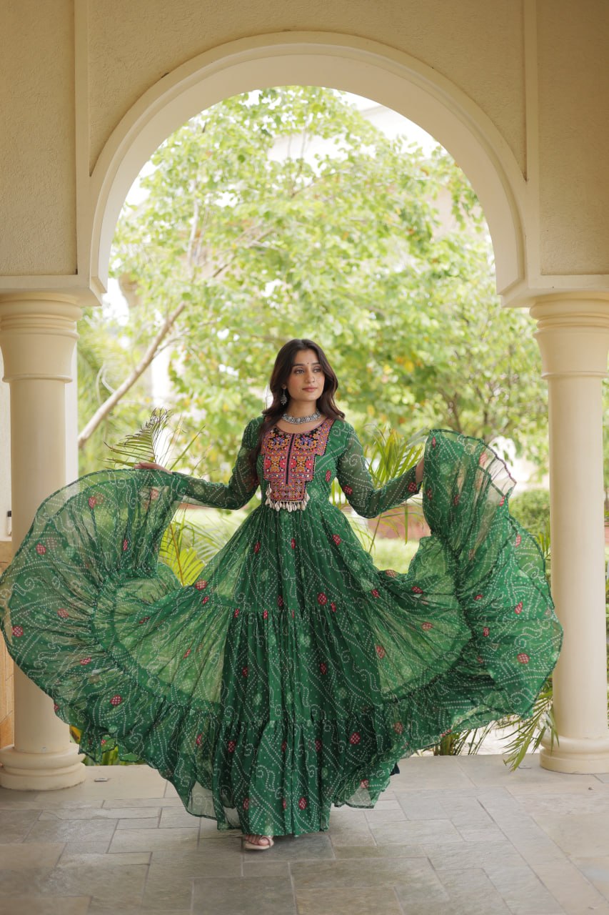 Ira Green Faux Georgette Bandhani Kutchi Patchwork Gown