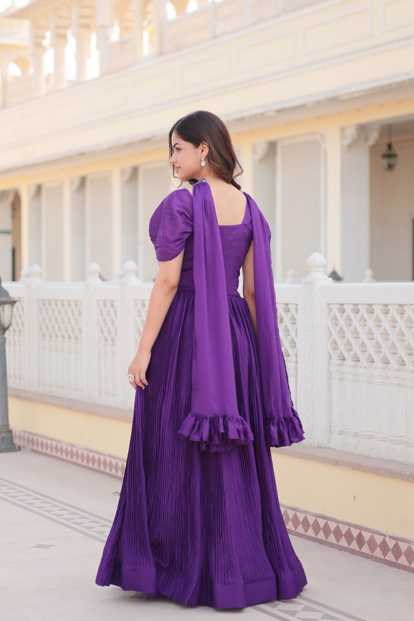 Shanta chinon purple printed anarkali gown set