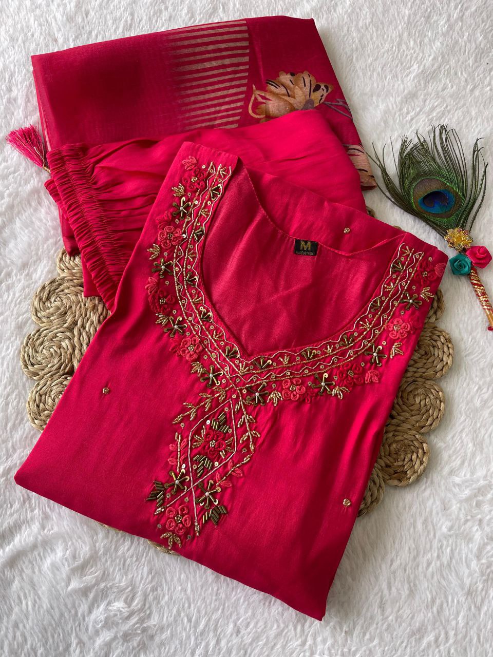 Srija Pink Roman Silk Embroidered Kurti Set with Dupatta