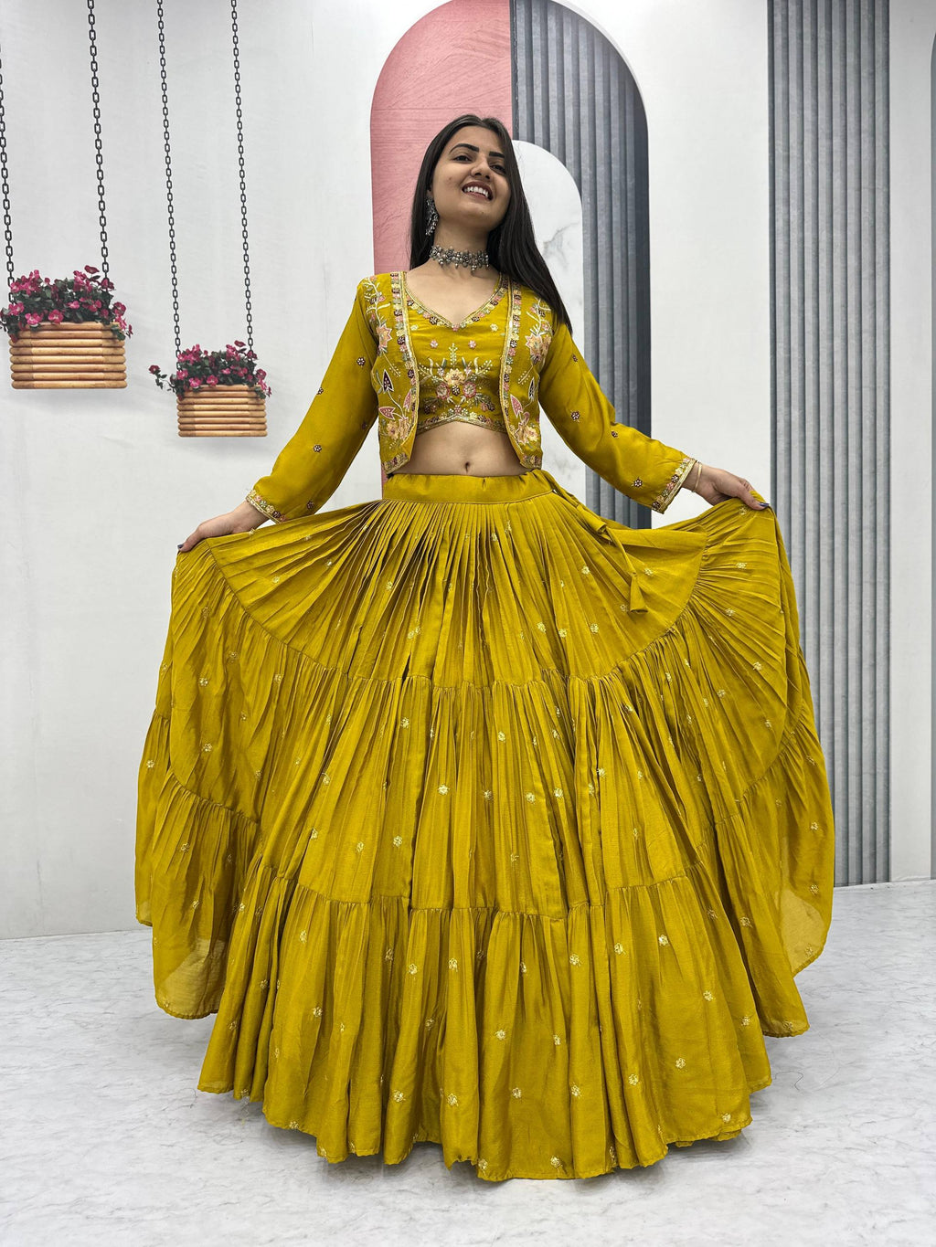 Mustard yellow chinon embroidered crop top lehenga with designer jacket