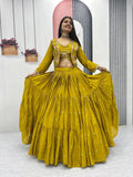 Mustard yellow chinon embroidered crop top lehenga with designer jacket