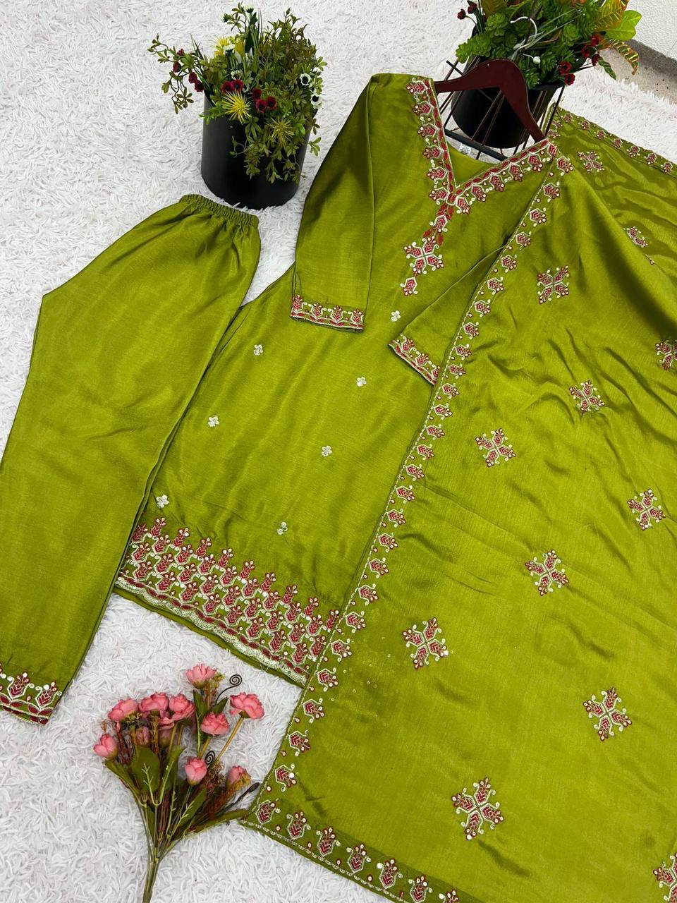 Anvitha Green Chinon Silk Kurti Set with 5mm sequin embroidery, lacework & dupatta – fully stitched festive wear for women.