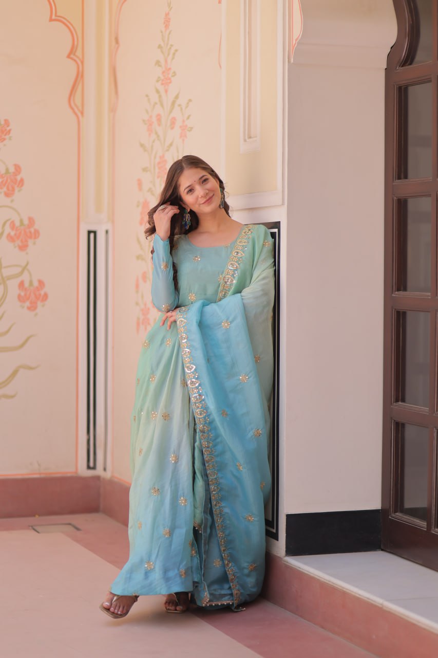 Sky blue organza flair sequins zari embroidery gown with dupatta