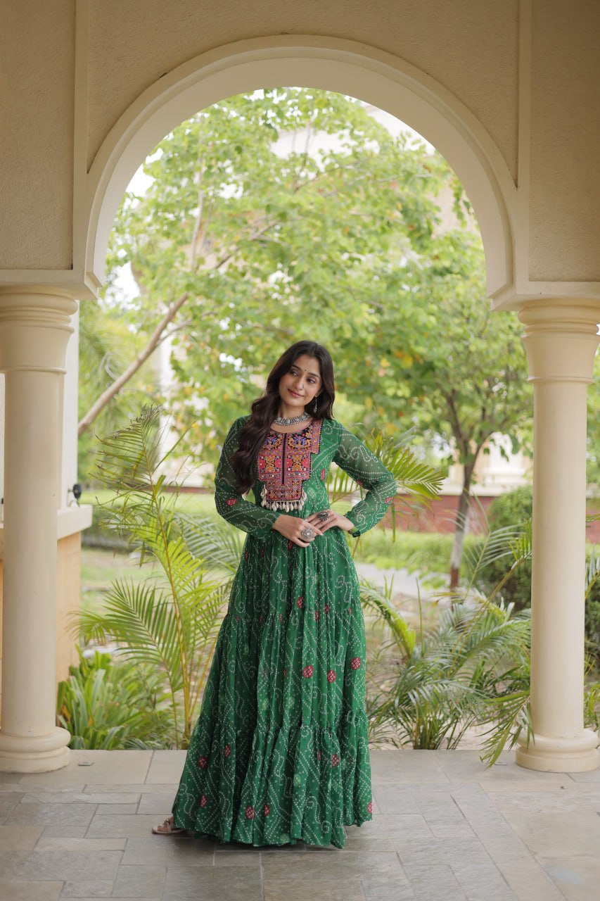 Ira Green Faux Georgette Bandhani Kutchi Patchwork Gown