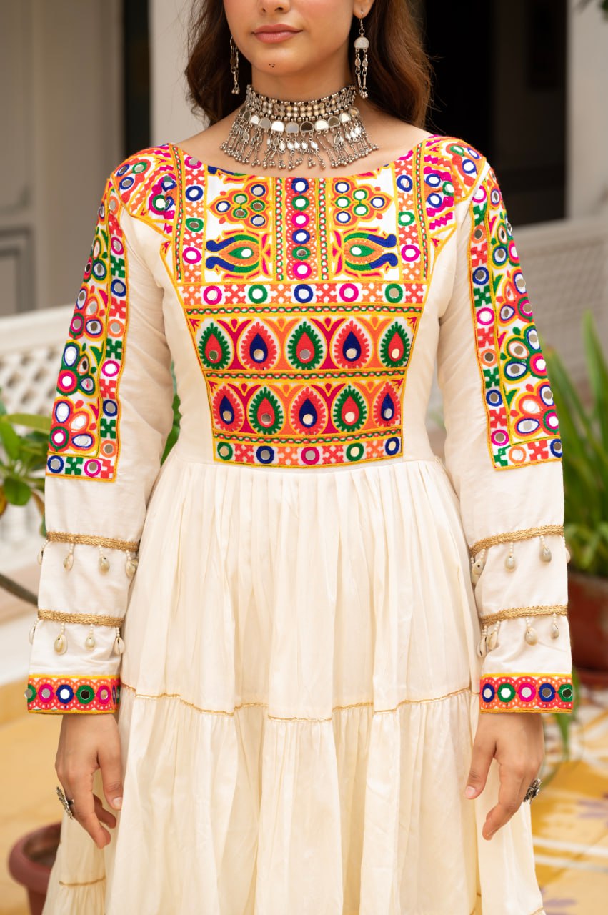 Off-White Kora Cotton Kutchi Gamthi Mirror Work and Kodi Lace Gown