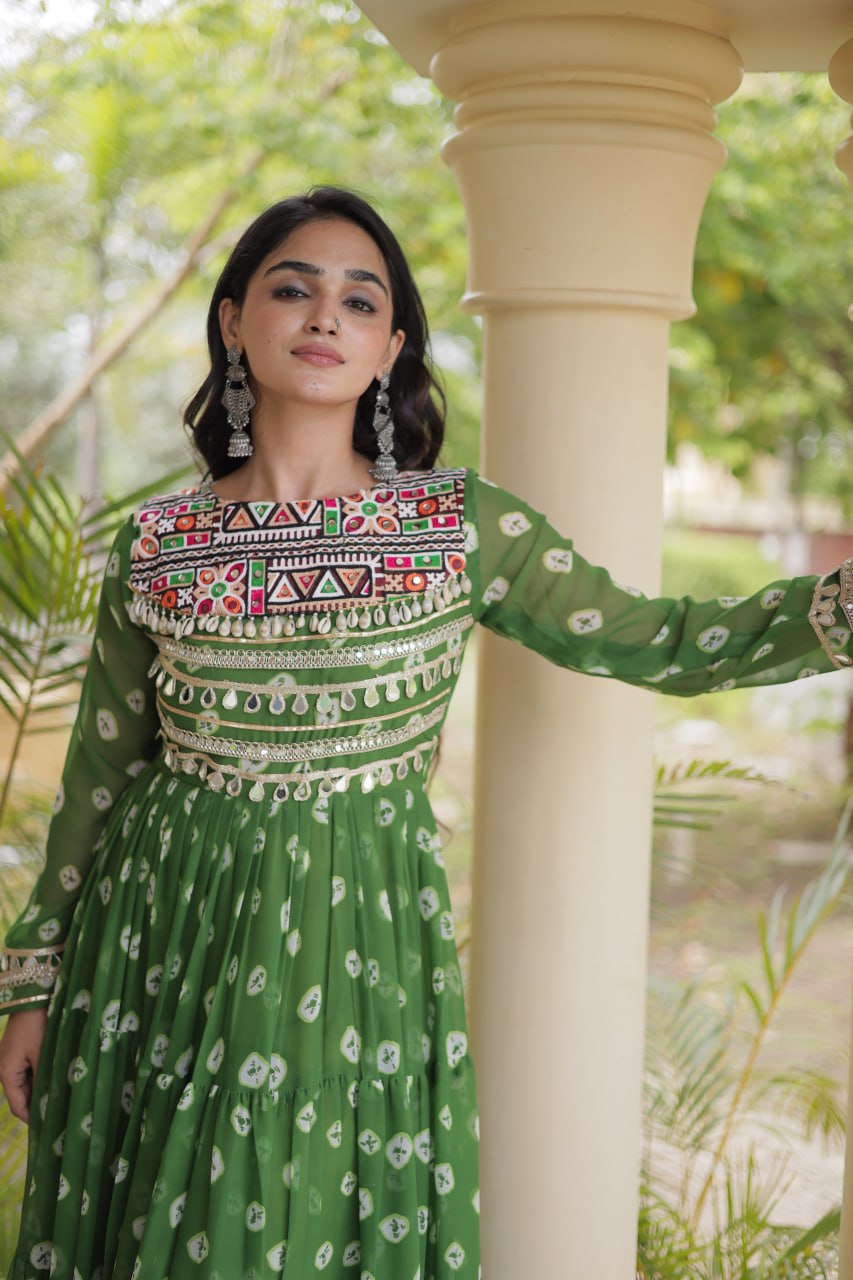 Lavanya Green Faux Georgette Bandhani Kutchi Patchwork Gown