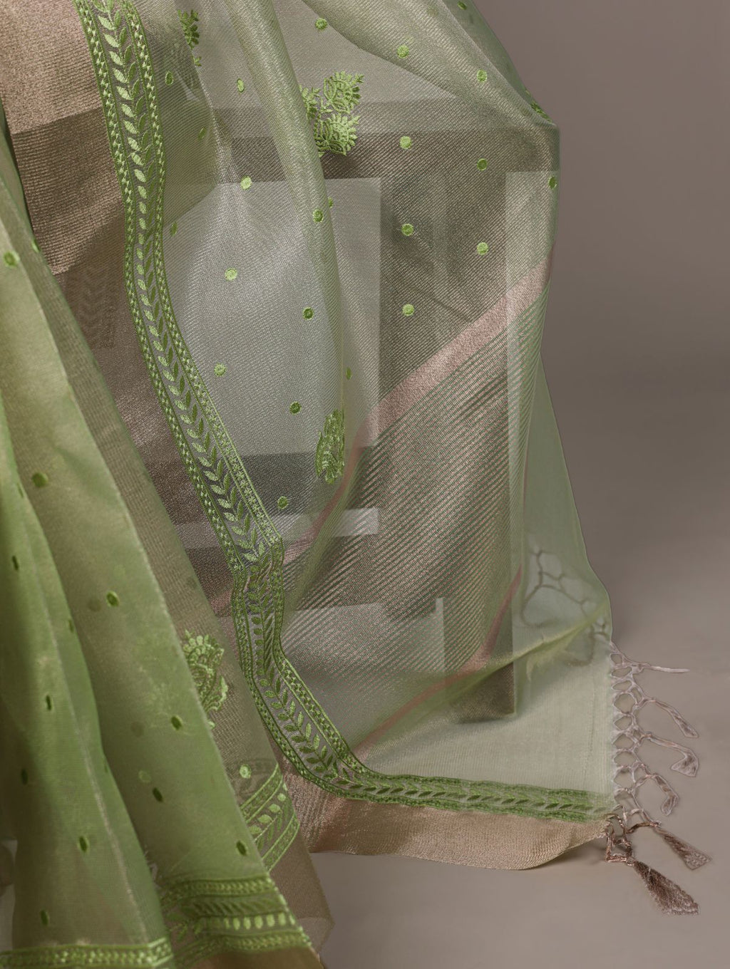 Pista Green Color Poly Shimmer Thread Embroidered Saree with Unstitched Blouse