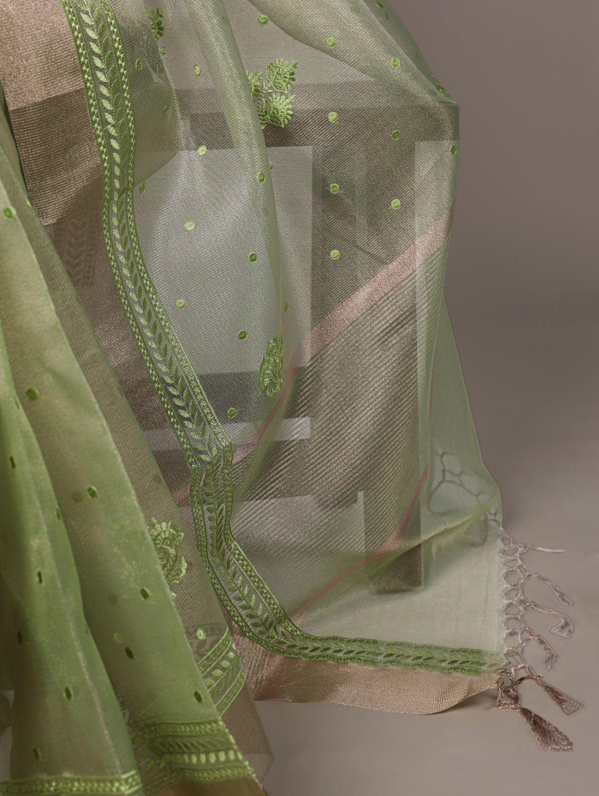 Pista Green Color Poly Shimmer Thread Embroidered Saree with Unstitched Blouse