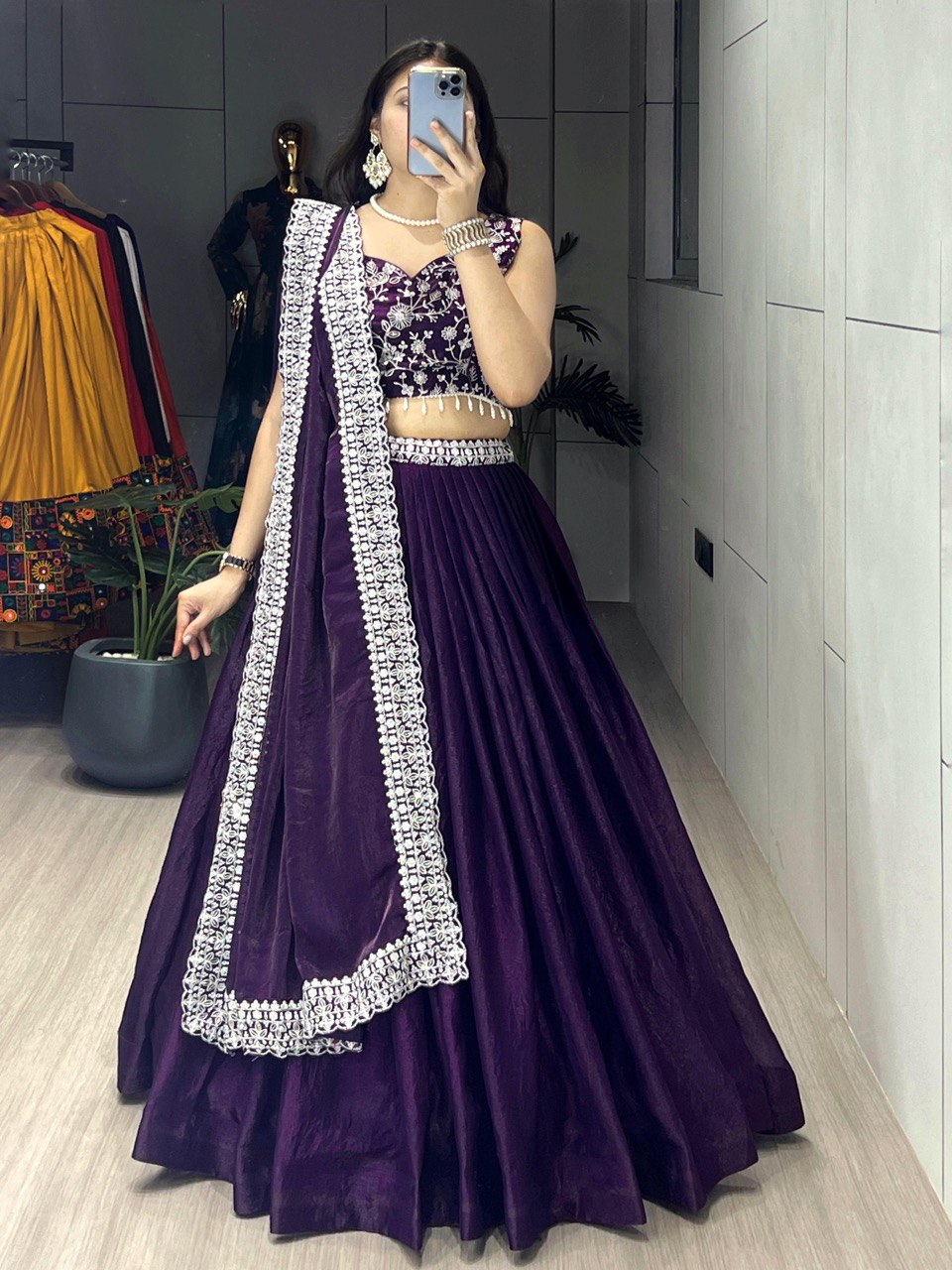 Tara Deep Purple Fendy Satin Silk Embroidered Lehenga Choli
