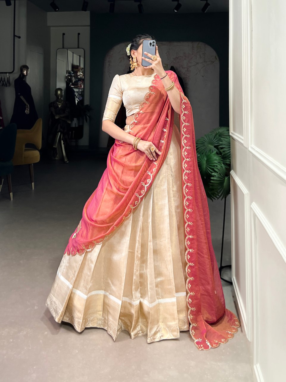 Golden Jacquard Chex Lehenga Choli with Zari Weaving & Embroidered Dupatta