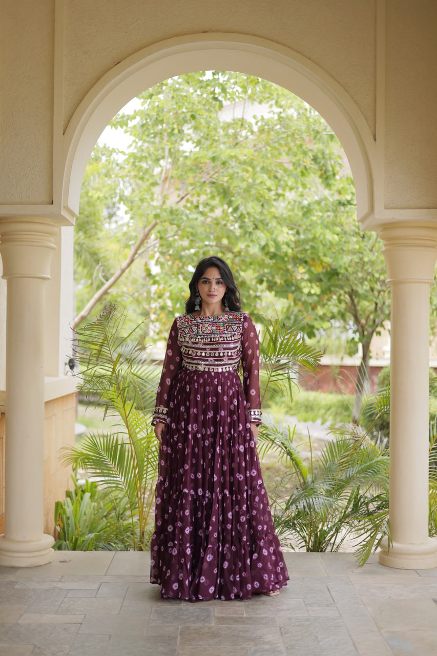 Lavanya Purple Faux Georgette Bandhani Kutchi Patchwork Gown