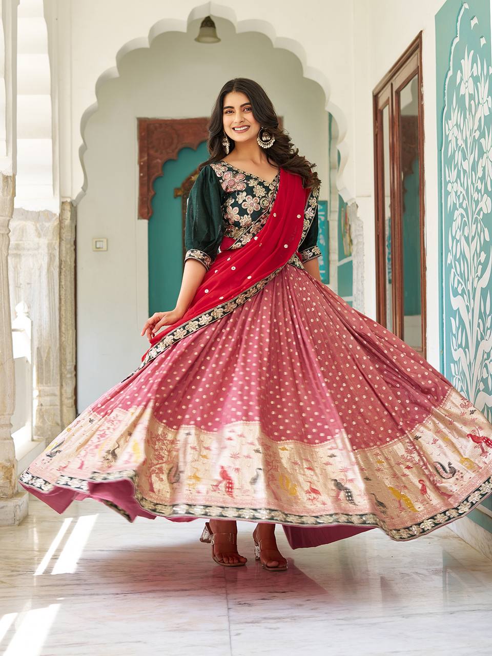 Multicolour silk lehenga choli set with heavy embroidery, sequin, and cording work; includes stitched shimmer lehenga, fully stitched mono silk choli, and embroidered georgette dupatta – perfect for weddings and festive occasions