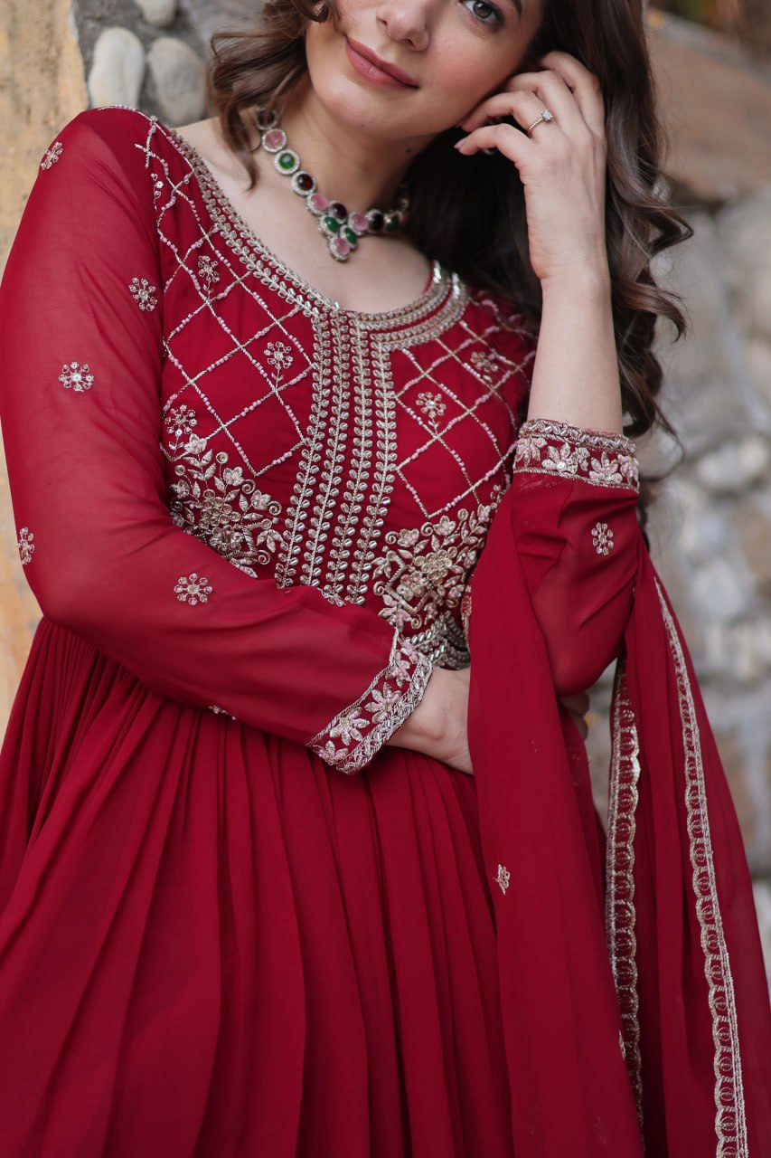 Chamvika Maroon Embroidered Gown Set with Dupatta – long gown for women, party wear gown for wedding, Indian gown for women, maroon gown for engagement, full sleeve ethnic gown, designer gown with dupatta, sequin gown for festival, traditional wear for women, Indo western gown online, stylish Indian dress for sangeet function, ready-to-wear ethnic gown for women.