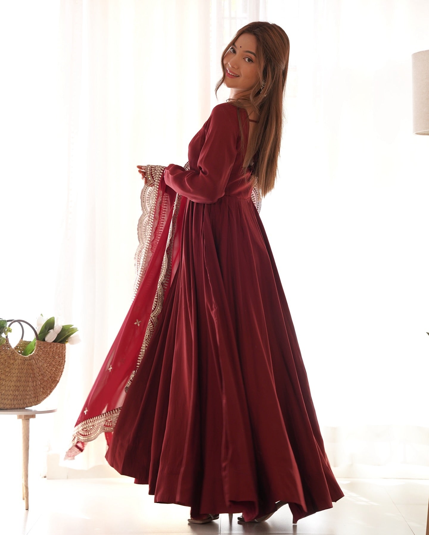 Prema brown Chanderi silk Anarkali suit set