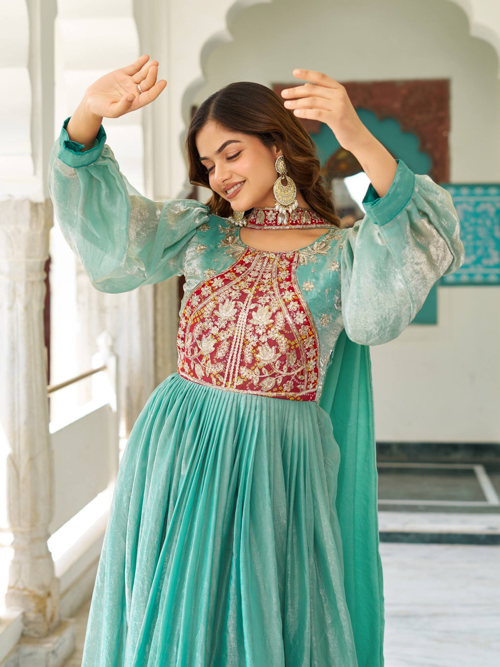 Ritu Sea Green Fendy Silk Sequins Thread Embroidery Work Gown with Dupatta
