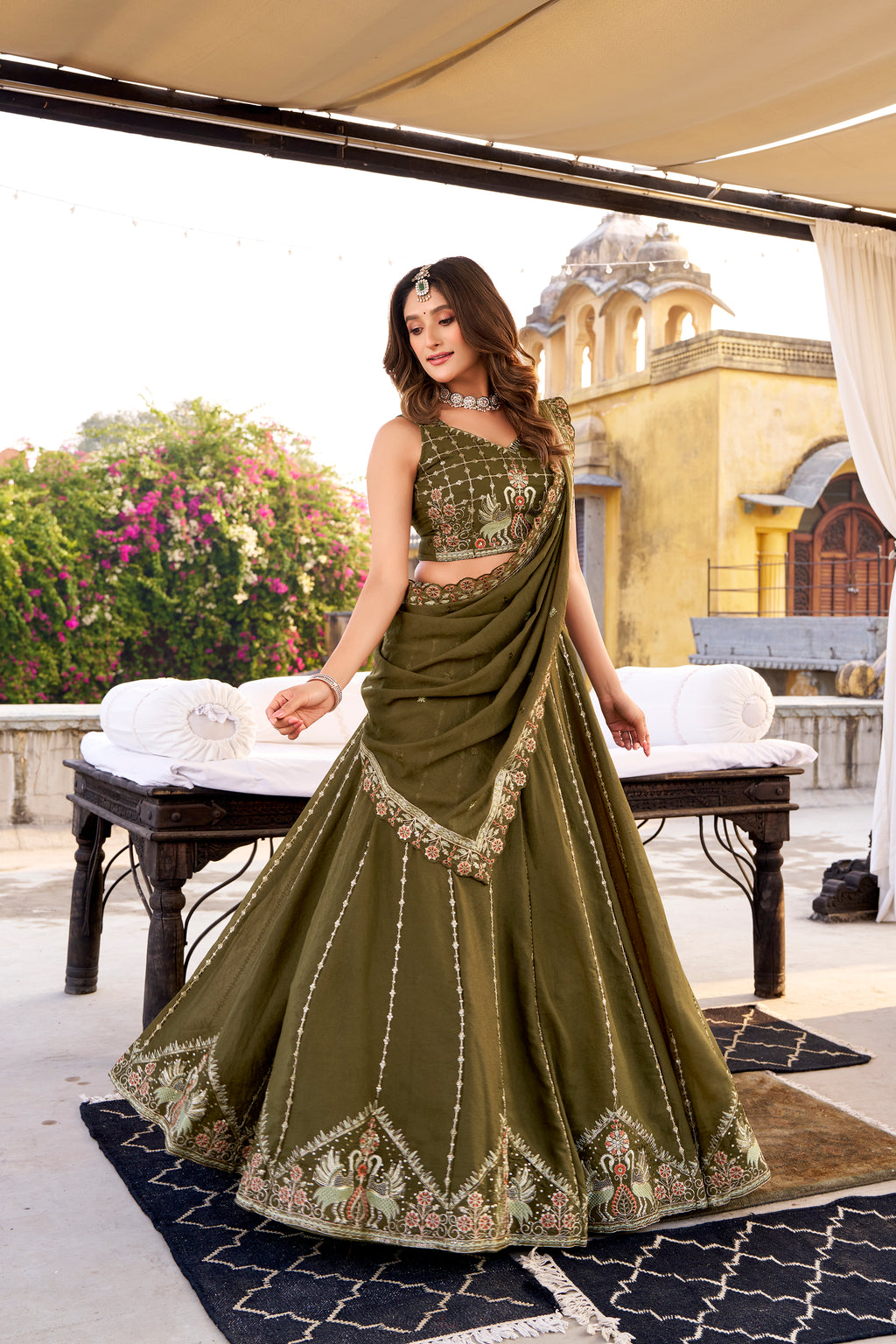 Zarakh Olive Green Crush Silk Sequins and Thread Embroidery Work Lehenga Choli