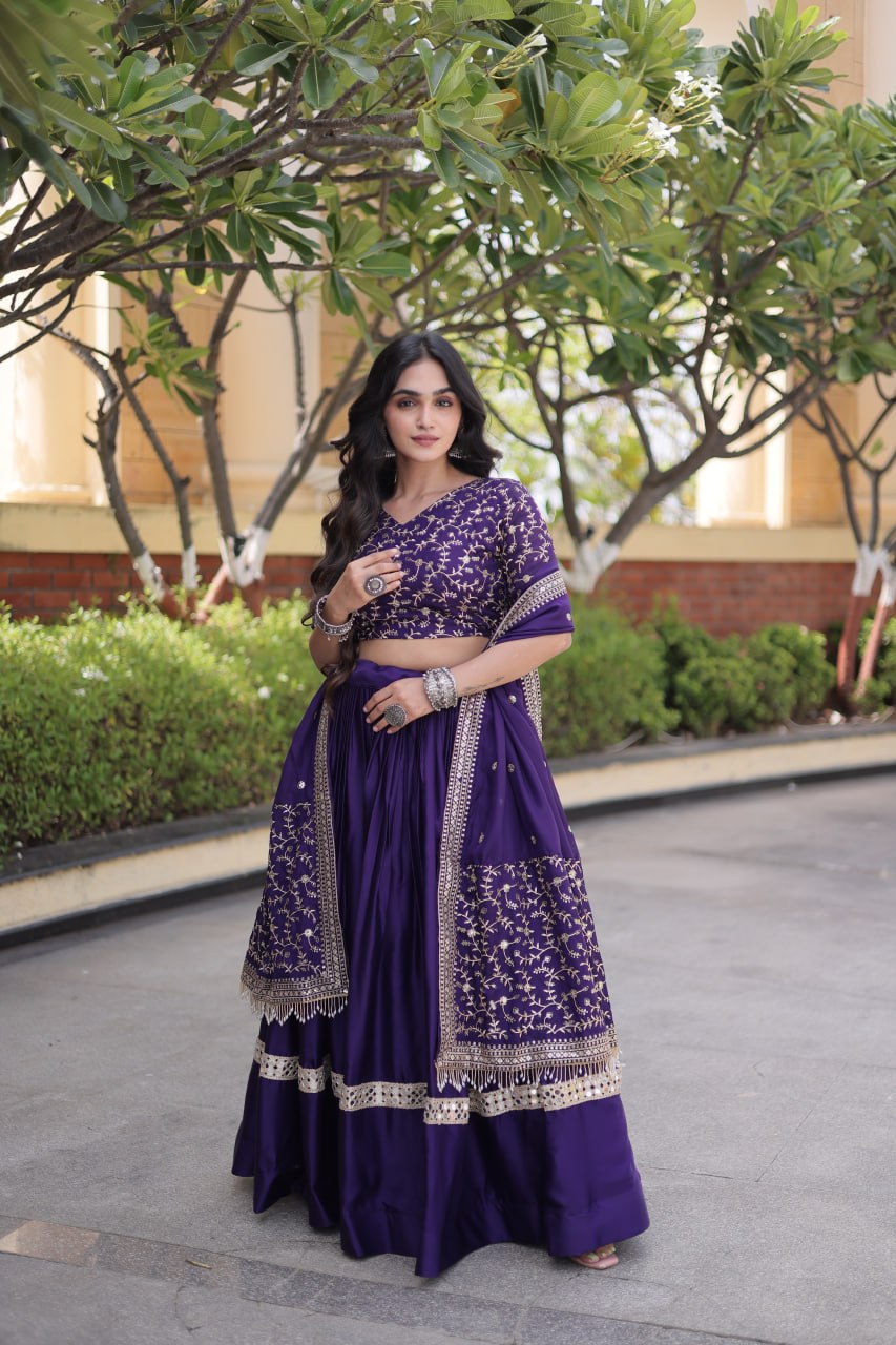 Subhadra Purple Glory Satin Embroidery Zari Sequins Lehenga