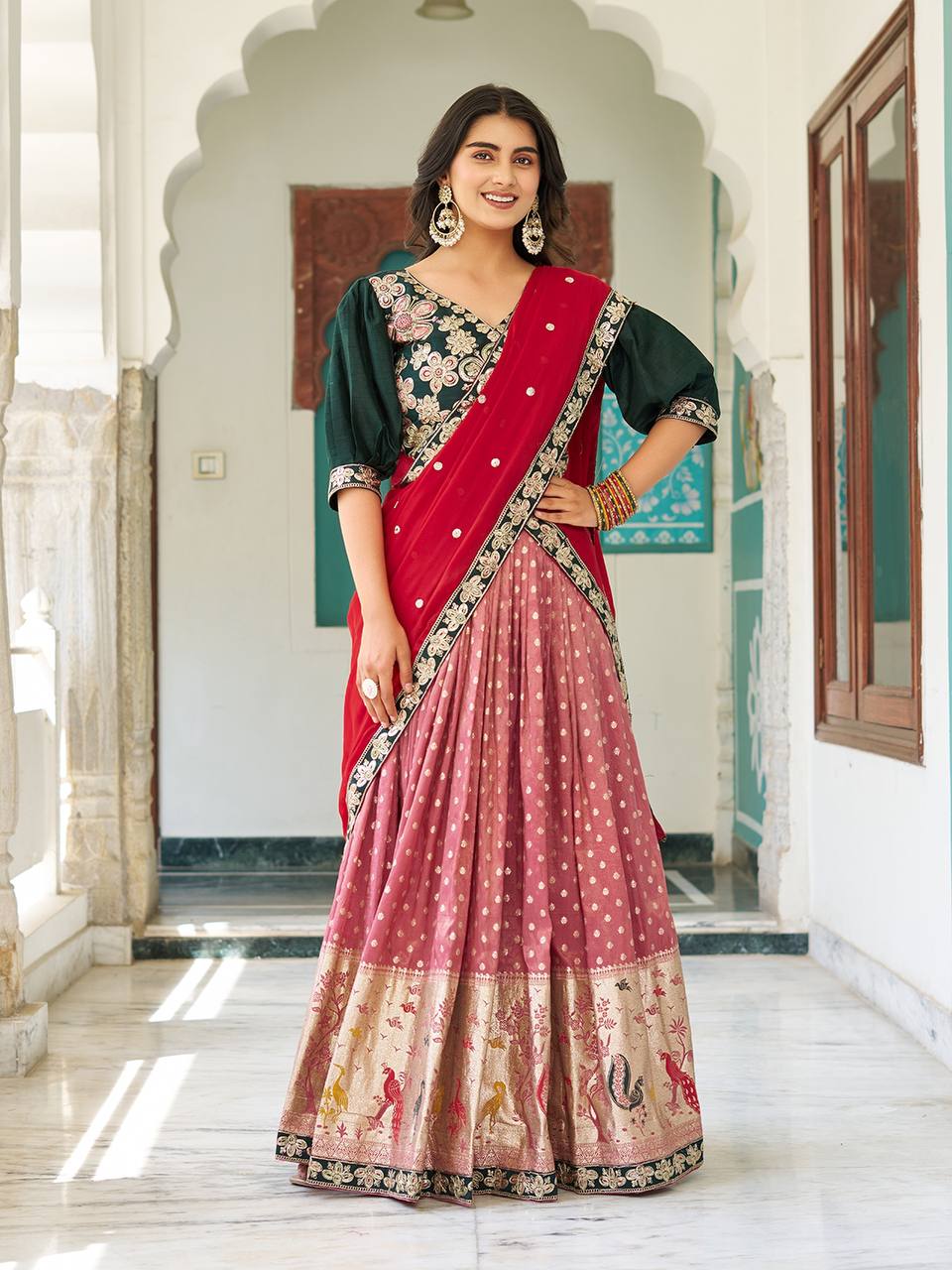 Multicolour silk lehenga choli set with heavy embroidery, sequin, and cording work; includes stitched shimmer lehenga, fully stitched mono silk choli, and embroidered georgette dupatta – perfect for weddings and festive occasions