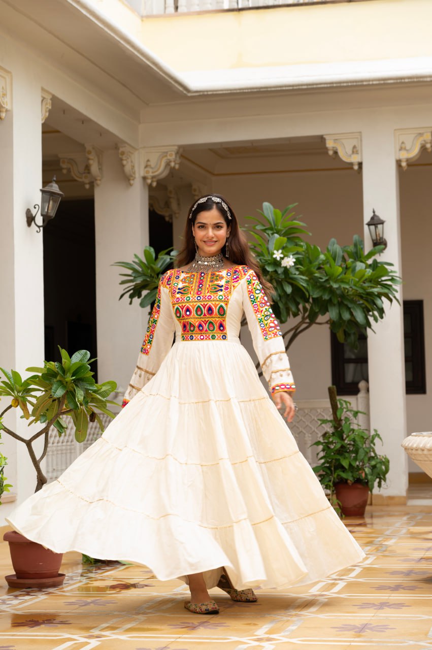 Off-White Kora Cotton Kutchi Gamthi Mirror Work and Kodi Lace Gown