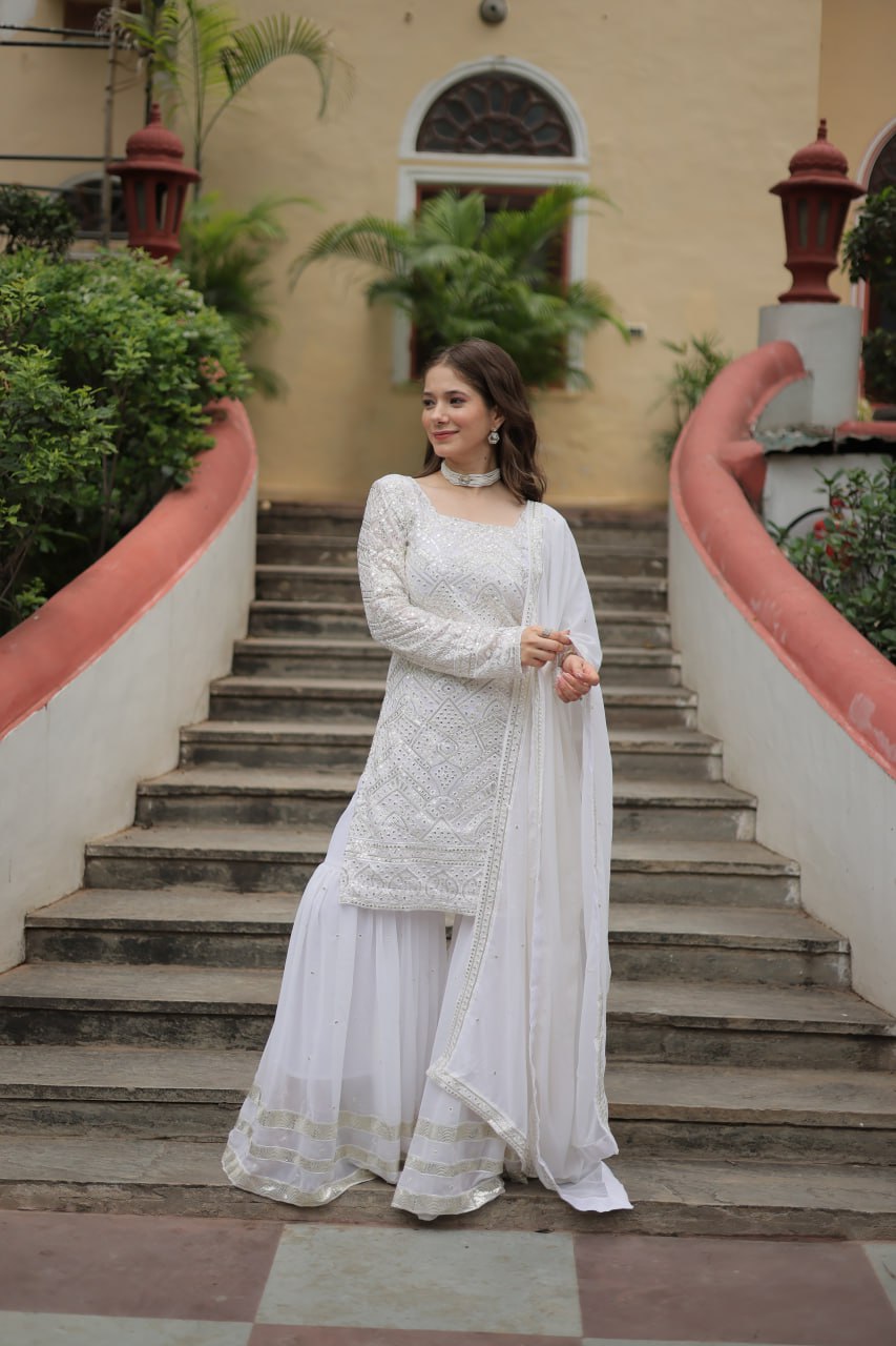 Lavya White Georgette Embroidered Kurti Sharara Set