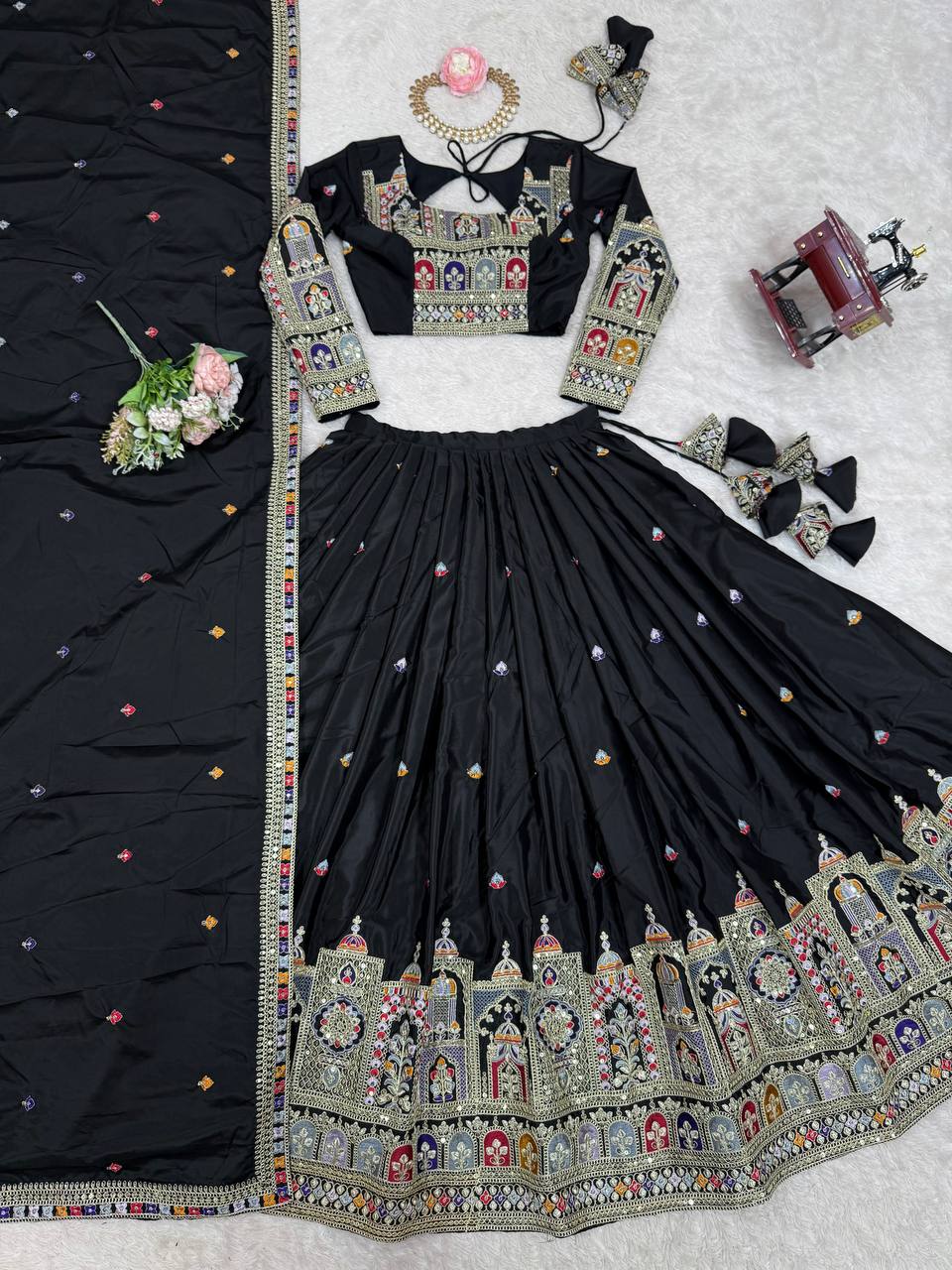 Kavyani Black Natural Crepe Silk Lehenga Choli Set – semi-stitched lehenga with 3-meter flare, canvas patta, cancan, and heavy embroidery in coding dori, thread, and sequins; paired with embroidered dupatta and unstitched matching choli – perfect for weddings, receptions, Diwali, and festive occasions.