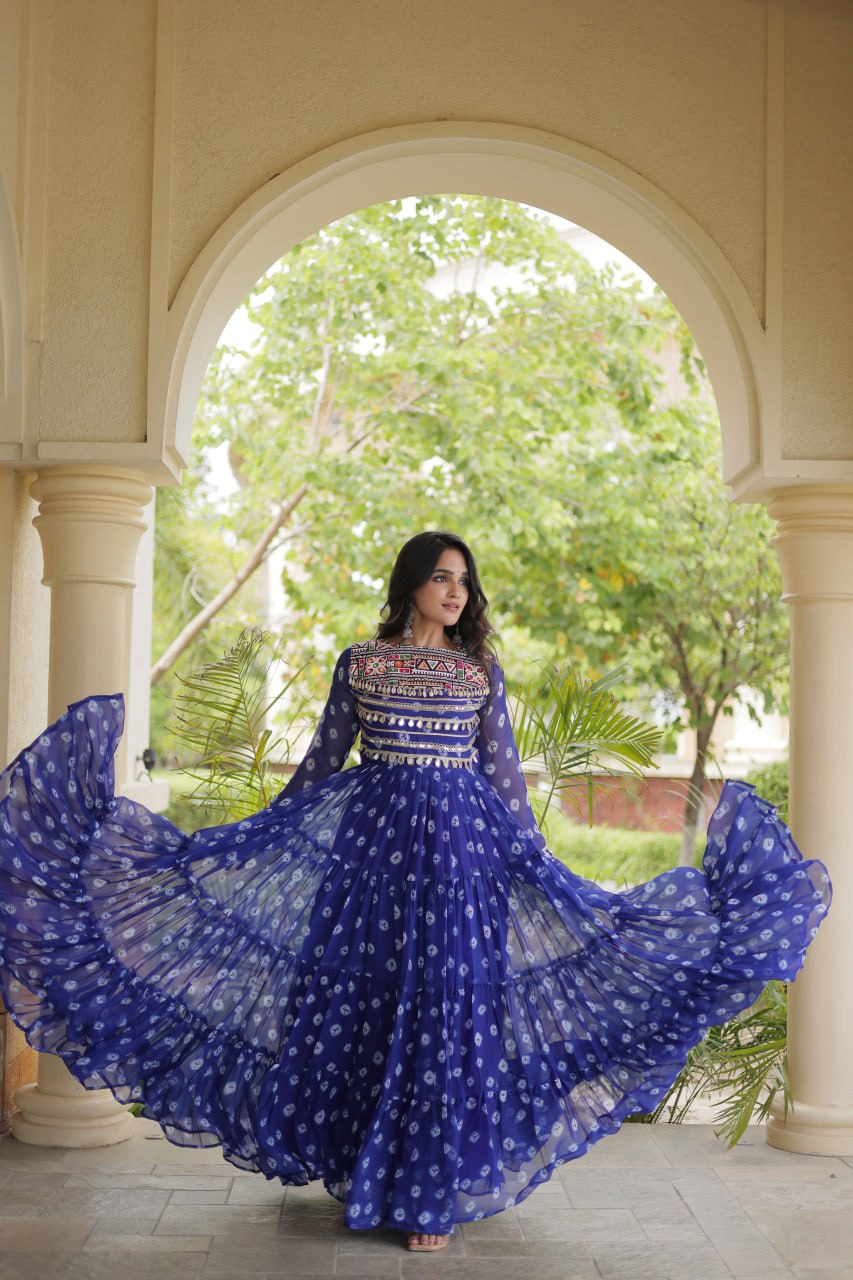 Lavanya Blue Faux Georgette Bandhani Kutchi Patchwork Gown