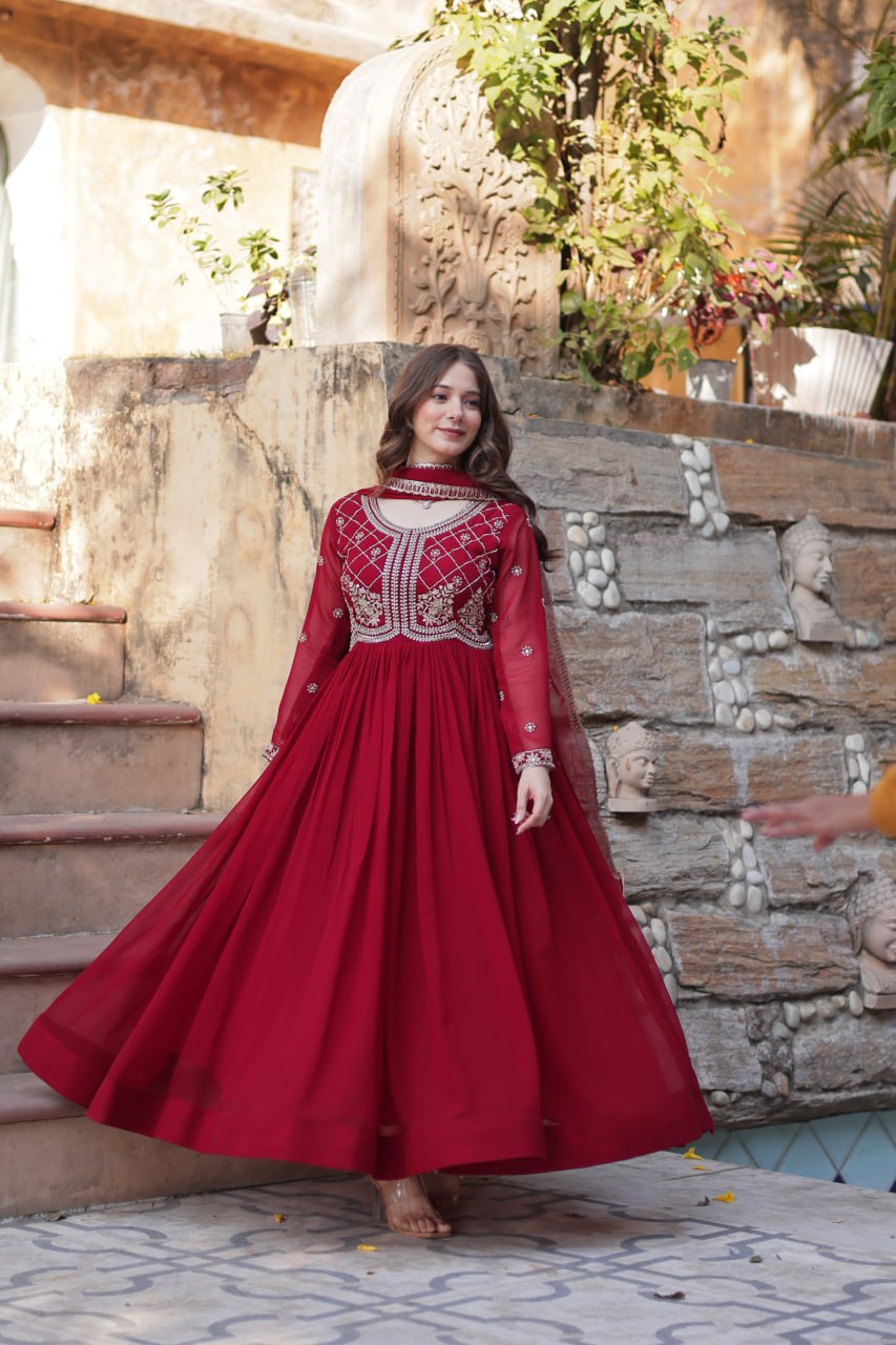 Chamvika Maroon Embroidered Gown Set with Dupatta – long gown for women, party wear gown for wedding, Indian gown for women, maroon gown for engagement, full sleeve ethnic gown, designer gown with dupatta, sequin gown for festival, traditional wear for women, Indo western gown online, stylish Indian dress for sangeet function, ready-to-wear ethnic gown for women.