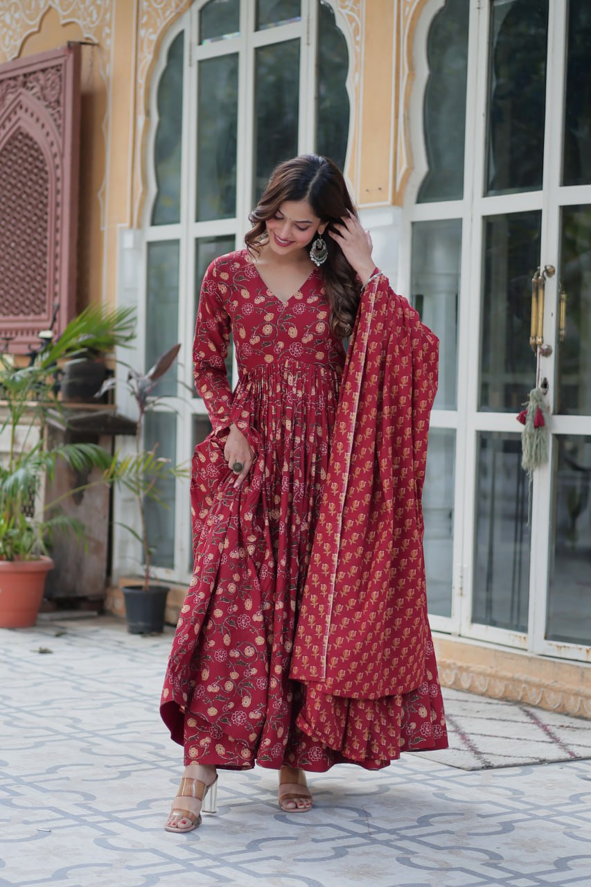 Red pure cotton Anarkali suit set for women with dupatta, breathable ethnic wear featuring block print design, flared kurta with pants and soft dupatta, ideal for daily wear, casual outings, office ethnic looks, and summer festive styles in lightweight Indian cotton fashion.