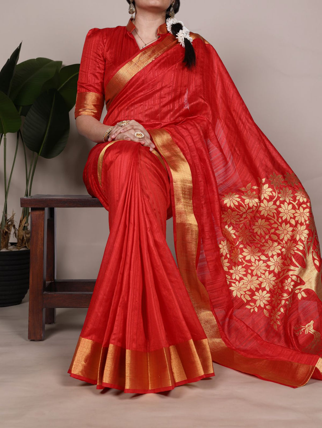 Red Color Raw Silk Zari Weaving Saree with Unstitched Blouse