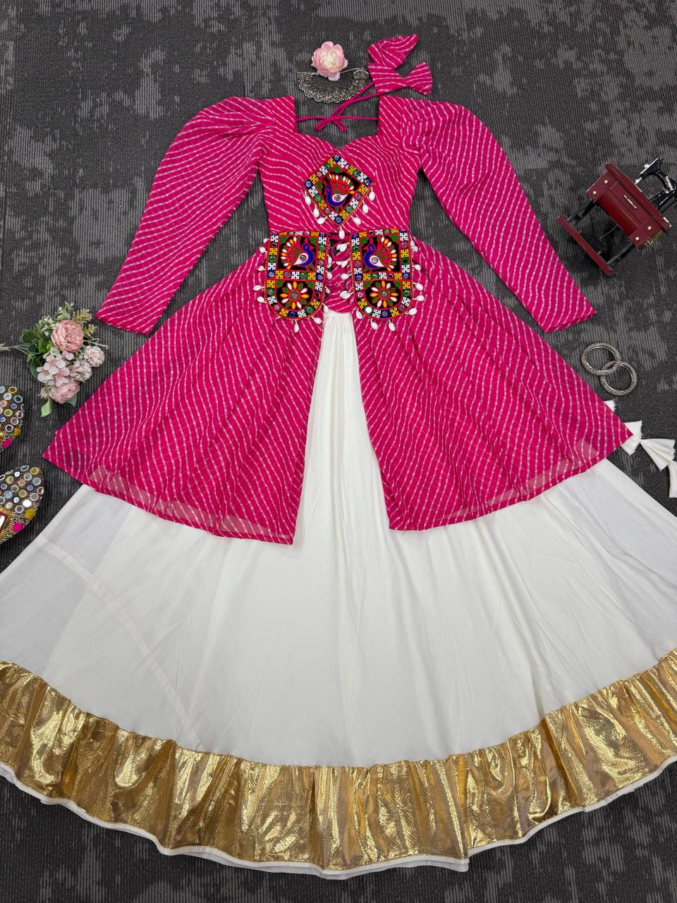 Pink Georgette Top with Digital Print and Thread Work Butter Silk Gota Patti Work Lehenga