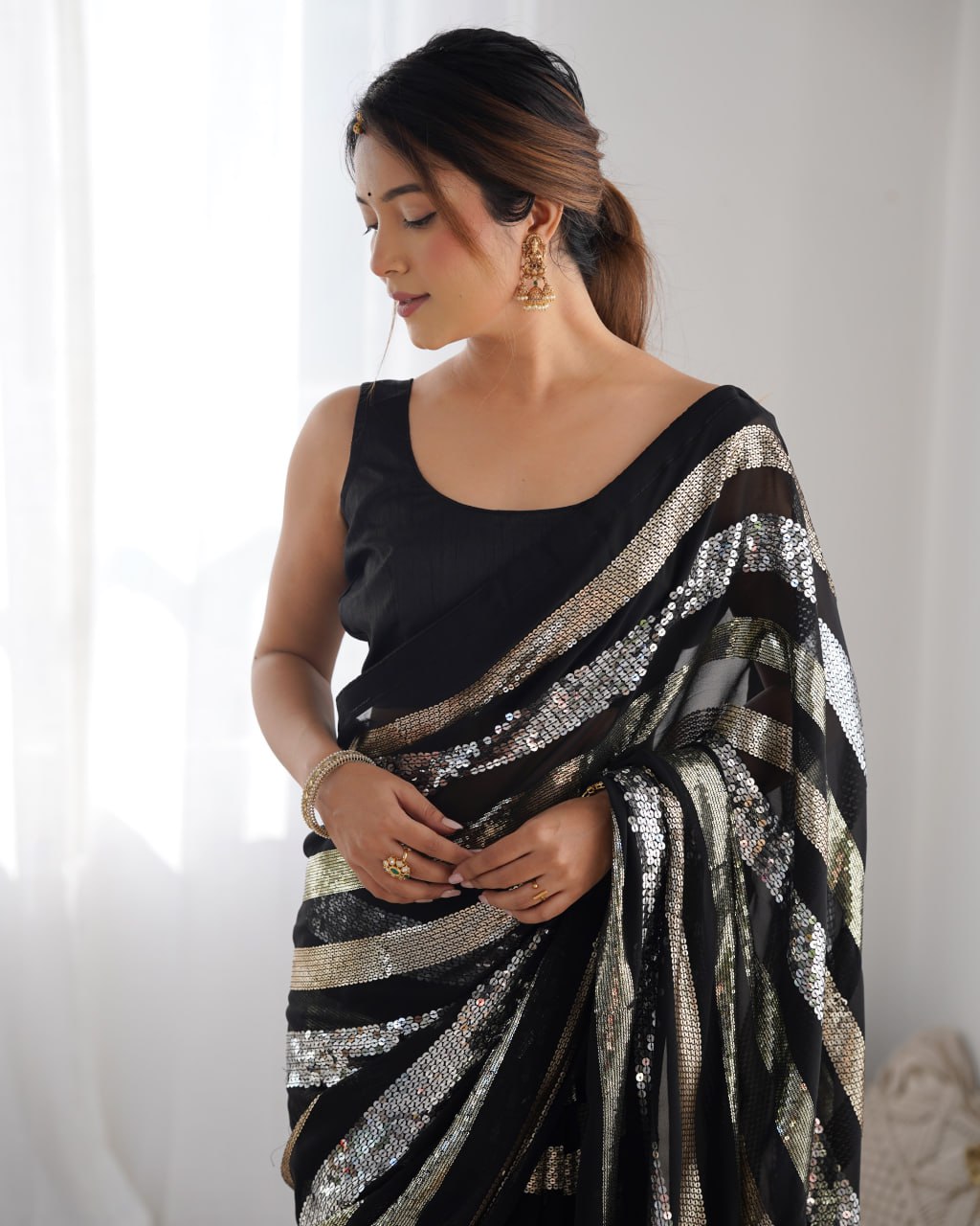 Kira Black Sequin Embroidery Georgette Saree