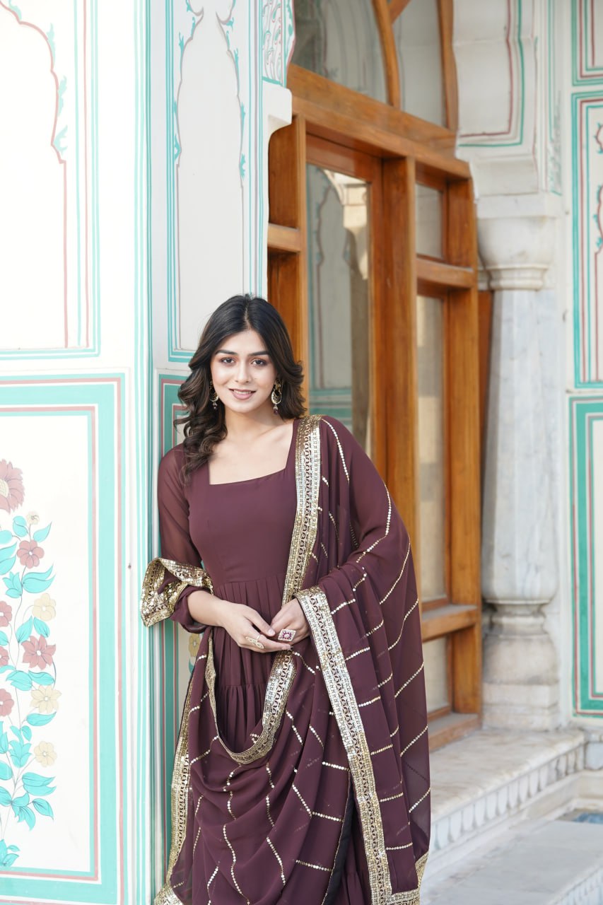 Dakshayani Brown Georgette Anarkali Gown Set