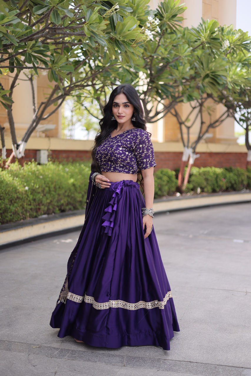 Subhadra Purple Glory Satin Embroidery Zari Sequins Lehenga