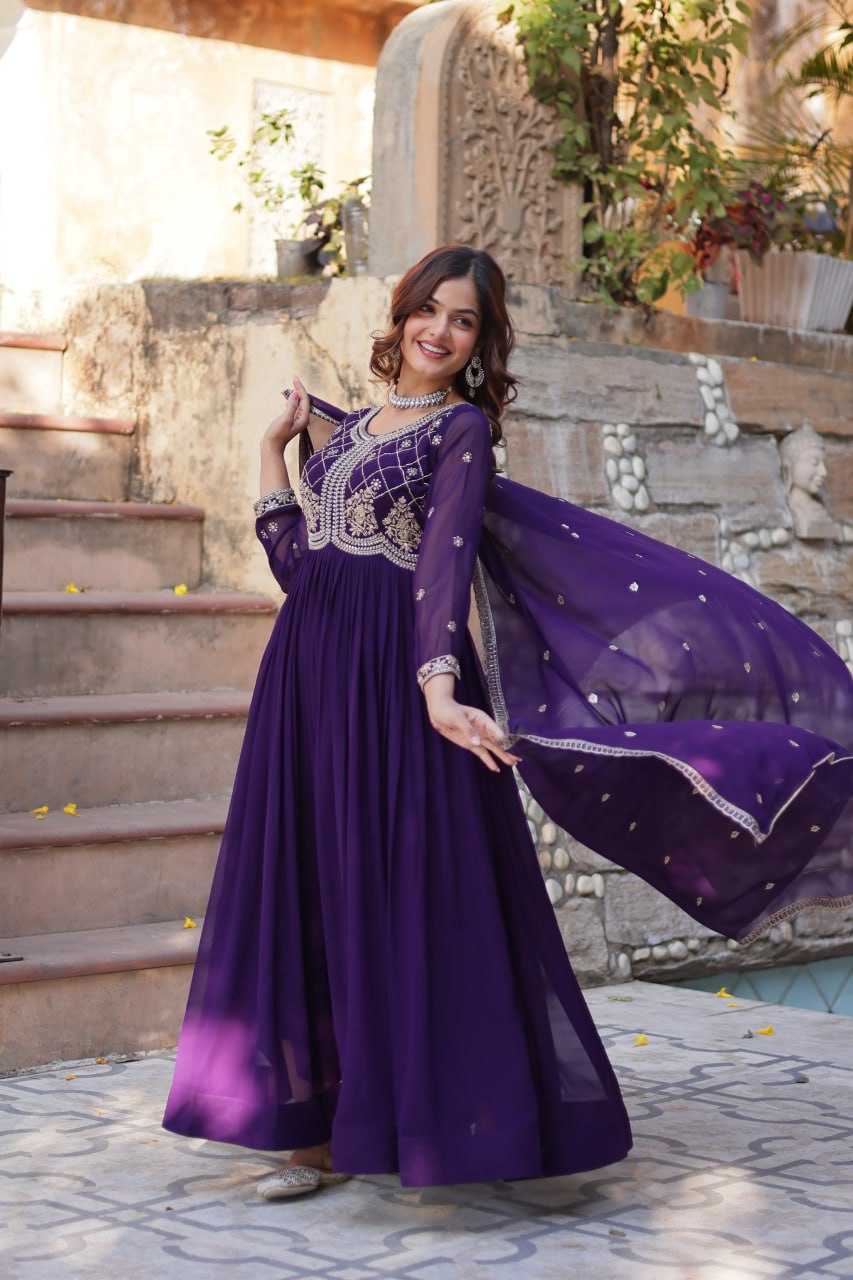 Chamvika Purple Designer Gown with Dupatta – party wear gown for women, long gown for wedding, Indian ethnic gown online, sequin embroidered gown, purple gown for reception, full sleeve gown dress, Indo western gown for girls, traditional Indian wear, stylish gown for engagement, readymade gown for festival, bridal gown with dupatta.