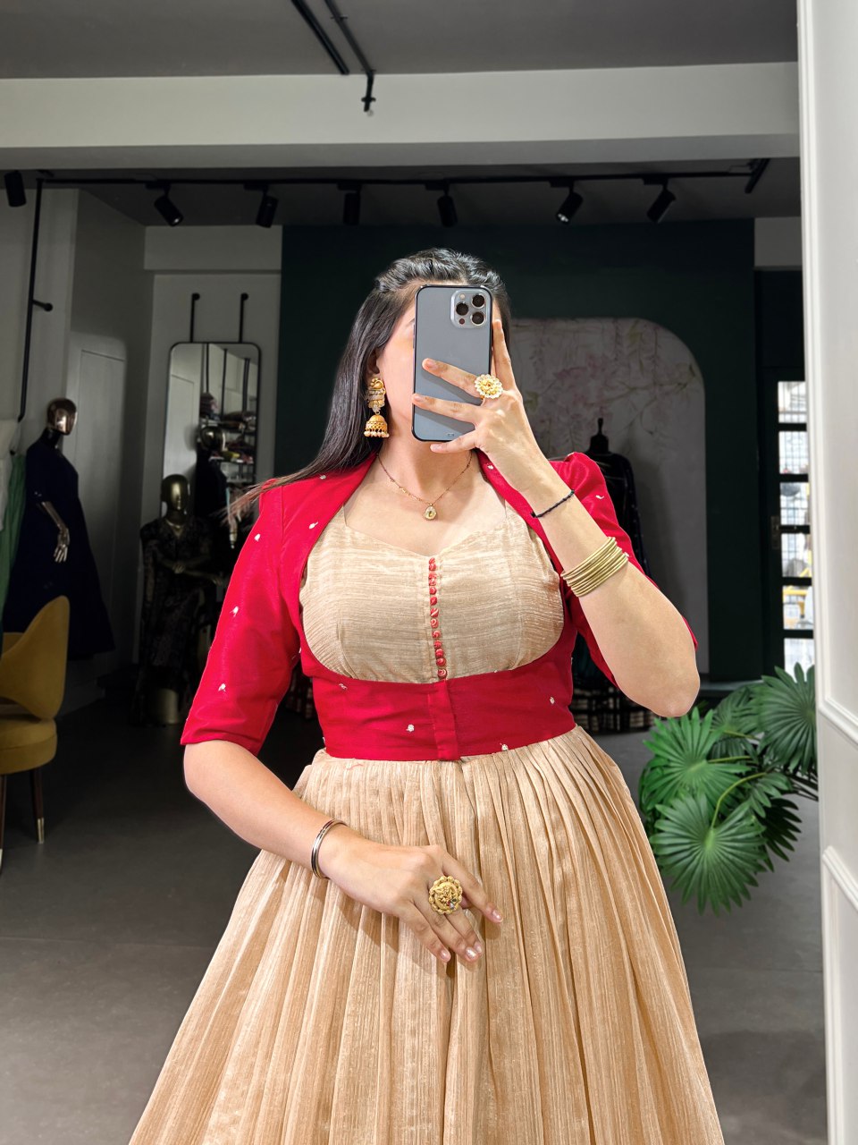 Beige Silk Printed Gown with Embroidered Banglory Koti