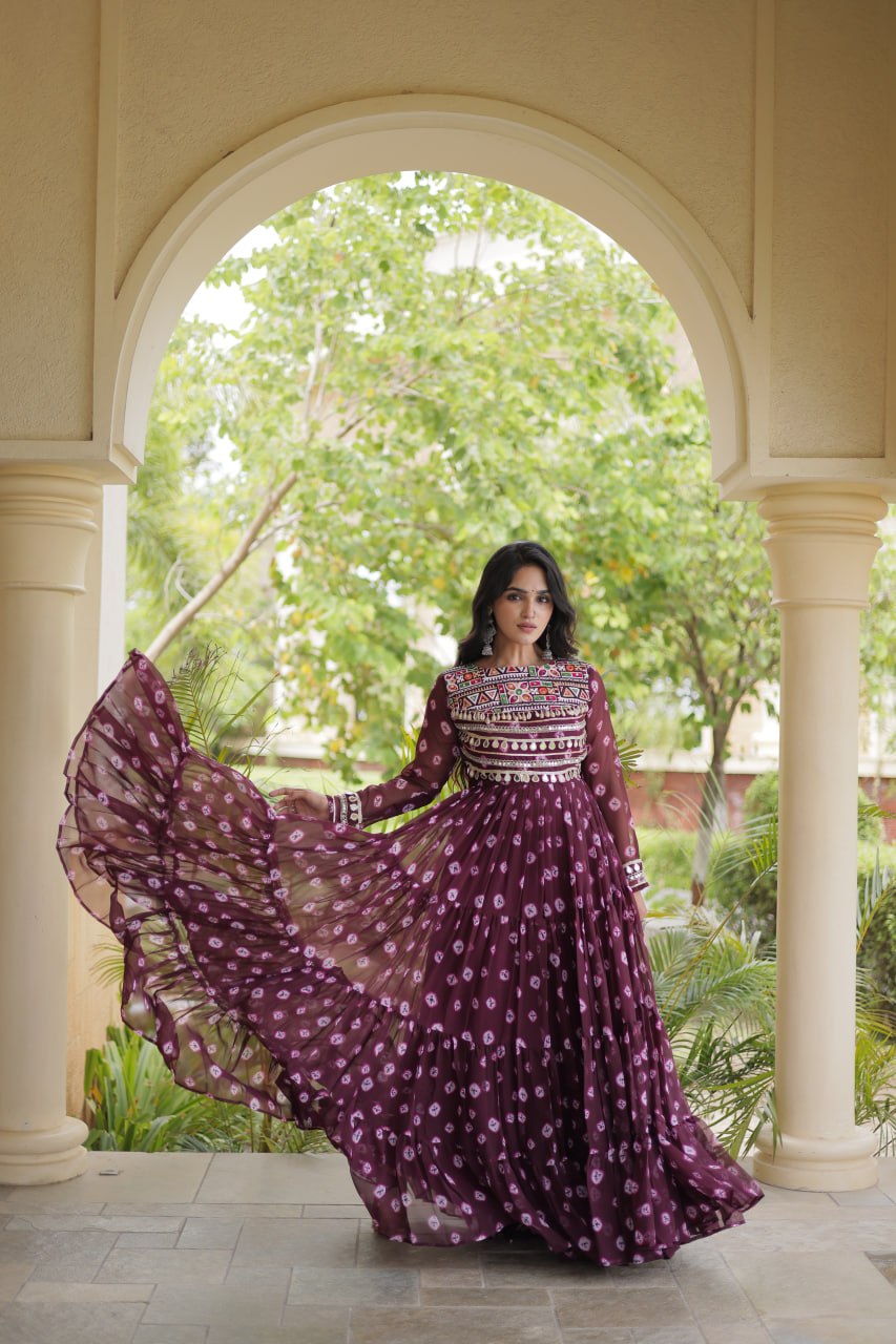 Lavanya Purple Faux Georgette Bandhani Kutchi Patchwork Gown