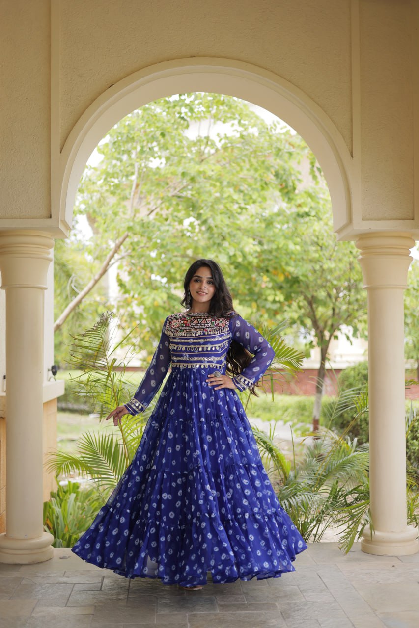 Lavanya Blue Faux Georgette Bandhani Kutchi Patchwork Gown
